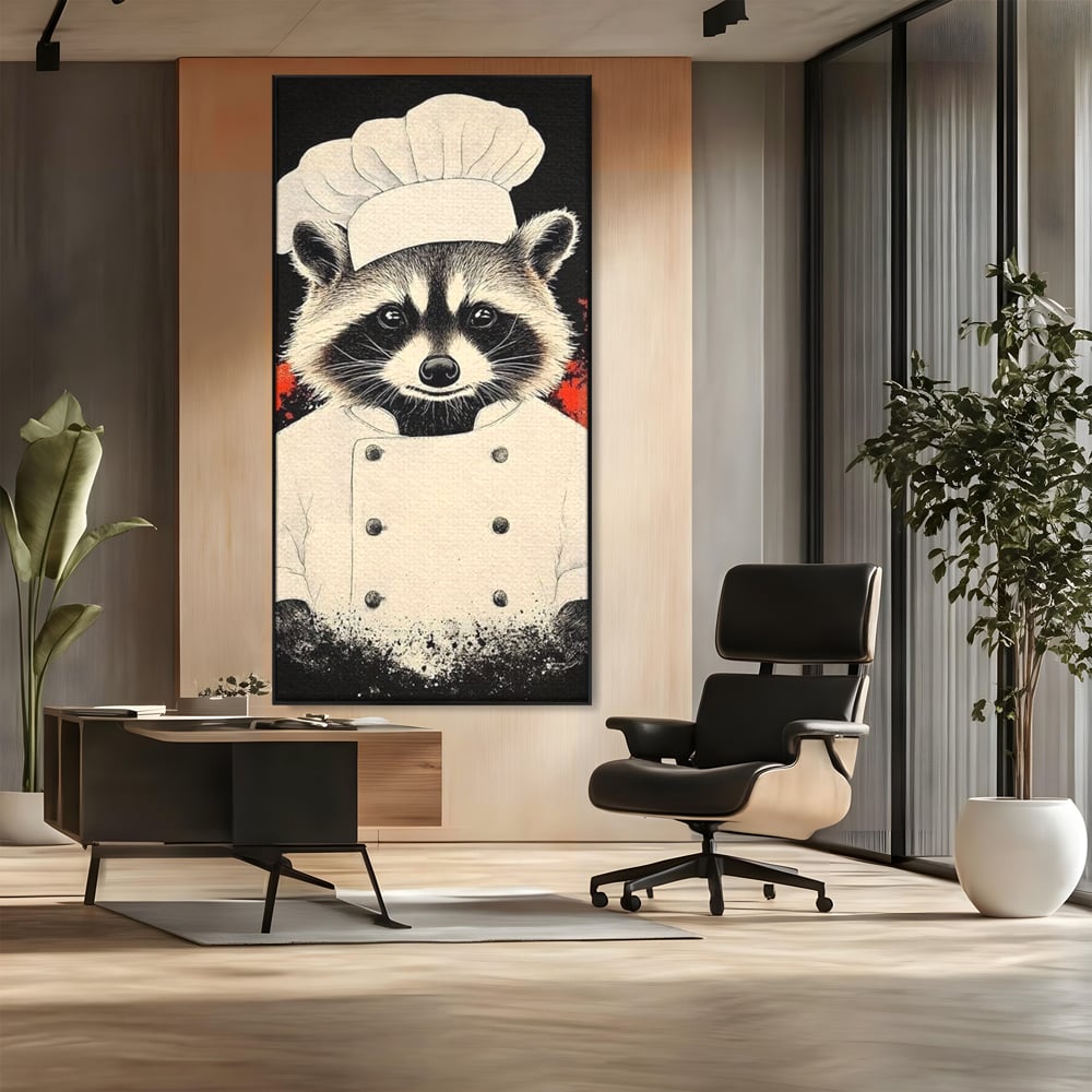 Tablou canvas cu tablou canvas cu raton bucatar, in rama de aluminiu negru, pe perete intr-un birou